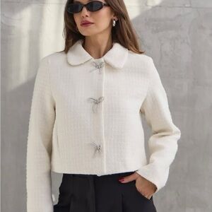 Zara Women's Tweed Blazer Jacket With Crystal Bows Accents Ecru White Medium